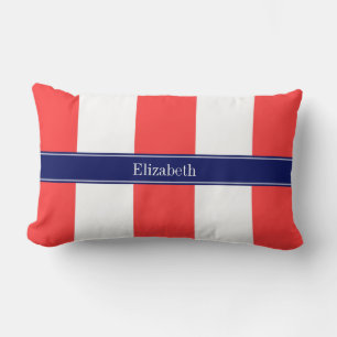 Coussin Rectangle Rouge Corail, Rayures Blanches XL, Monogramme Nom 