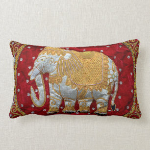 Coussin Rectangle Rouge embelli et or d'éléphant d'Asie