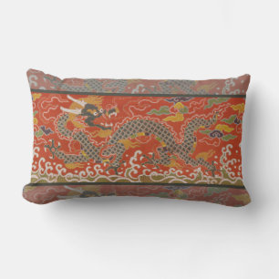 Coussin Rectangle Rouge Impérial & Motif de Soie de Dragon Noir