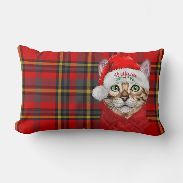 Coussin Rectangle Rouge Plaid Abyssinian Noël Chat Holiday (Recto)