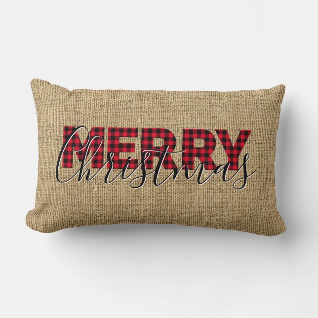 Coussin Rectangle Rouge plaid de buffle et calligraphie Joyeux Noël (Recto)