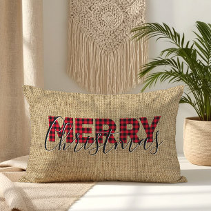 Coussin Rectangle Rouge plaid de buffle et calligraphie Joyeux Noël