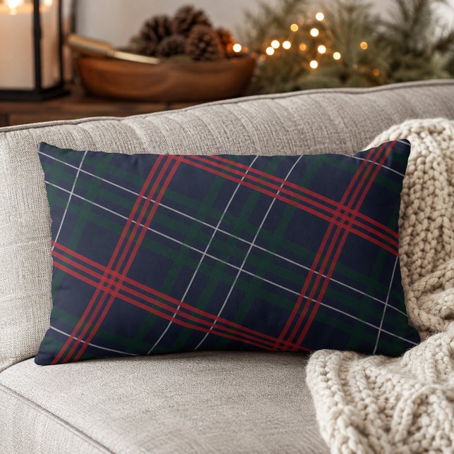 Coussin Rectangle Rouge Vert Diagonal Tartan Rustique Noël Navy (Créateur téléchargé)