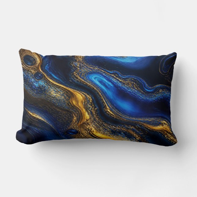 Coussin Rectangle Royal Blue & Gold Fluid Art (Recto)