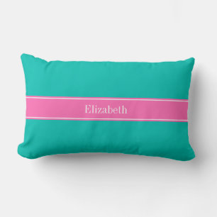 Coussin Rectangle Ruban Monogramme de Nom, Turquoise Uni, Rose Chaud