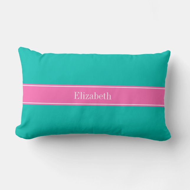 Coussin Rectangle Ruban Monogramme de Nom, Turquoise Uni, Rose Chaud (Recto)