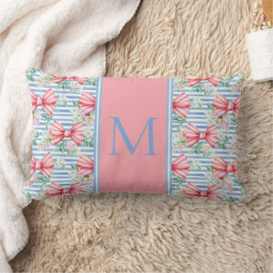 Coussin Rectangle Rubans roses et bleus Fleurs et rayures Monogramme
