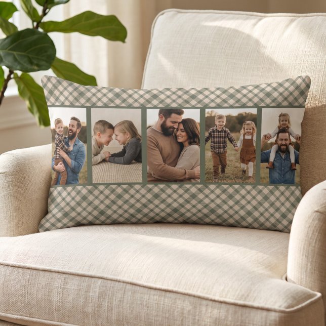 Coussin Rectangle Rustique Cozy Vert Buffalo Carreaux Multi Photo (Green buffalo plaid pillow with custom photos - by Darling & May)