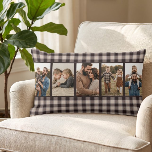 Coussin Rectangle Rustique Marron Plaid Bison Multi Photo Cozy (Brown buffalo plaid pillow with custom photos - by Darling & May)