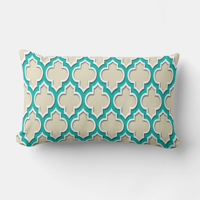 Coussin Rectangle Sable Beige Turquoise Blanc Quatrefoil Marocain #4 (Recto)