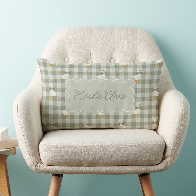Coussin Rectangle Sage Green Gingham Goose Buffalo Check Custom Name (Créateur téléchargé)
