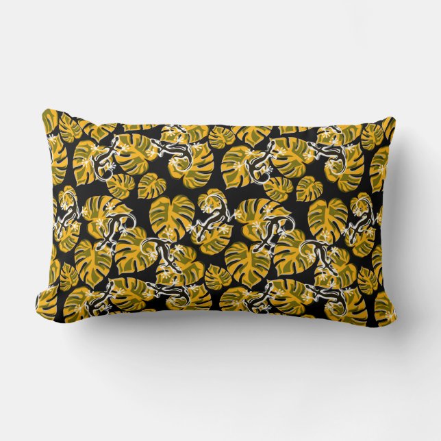 Coussin Rectangle Salamandre Et Motif De Feuille Jaune (Recto)