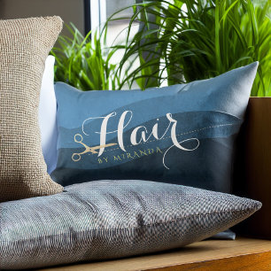 Coussin Rectangle Salon des cheveux Coiffeuse Ciseaux bleu et or mod