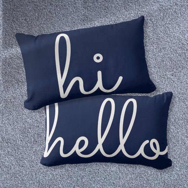 Coussin Rectangle Salut Bonjour Stylé Script Amusant Bleu Marine (Hi Hello Stylish Script Fun Navy Blue Lumbar Pillow)