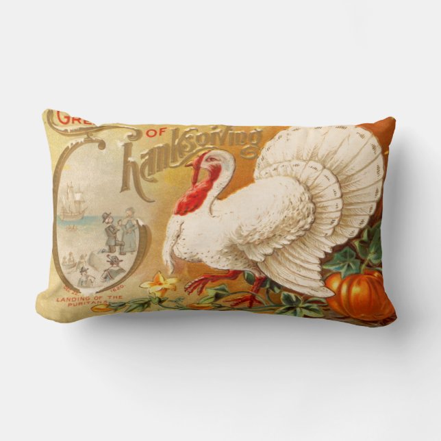 Coussin Rectangle Salutations de Thanksgiving White Turkey Vintage (Recto)