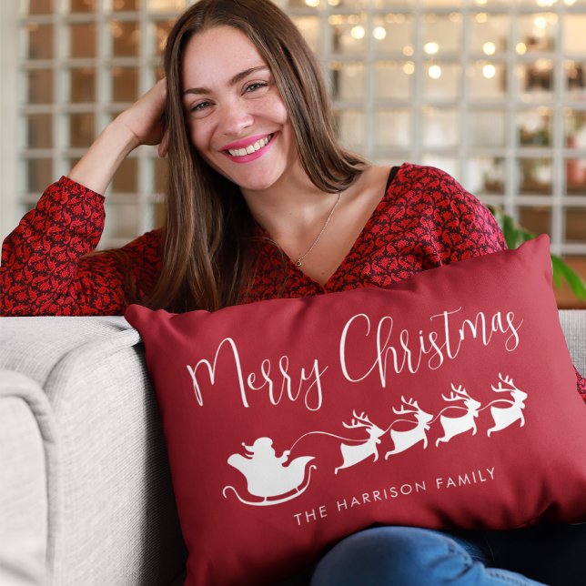 Coussin Rectangle Santas Sleigh Joyeux Noël Rouge (Créateur téléchargé)