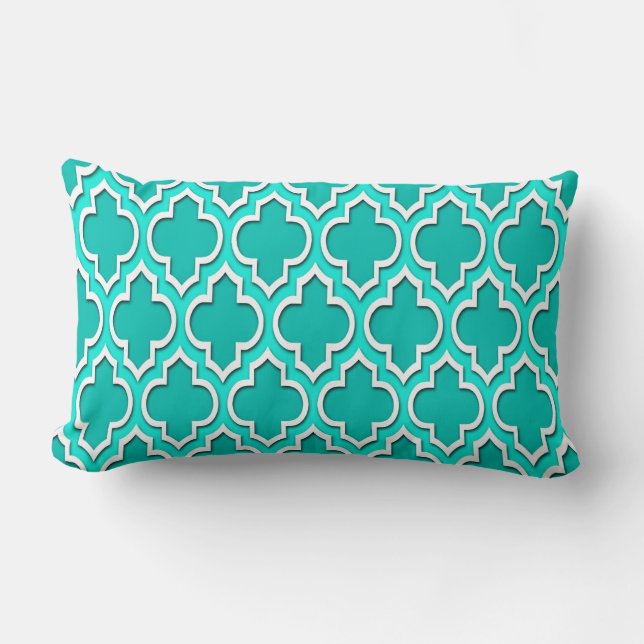 Coussin Rectangle Sarcelle, Aqua Clair, Blanc Quatrefoil Marocain #4 (Recto)