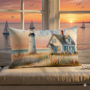 Coussin Rectangle Scène aquarelle d'un phare et d'une maisonnette au