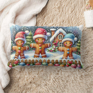 Coussin Rectangle Scène de Noël enneigée avec une famille en pain d'