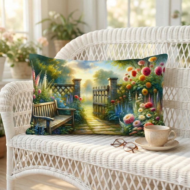 Coussin Rectangle Scène de porte de jardin ensoleillé (Sunlit Garden Pathway Gate Scene Lumbar Pillow Mockup A)