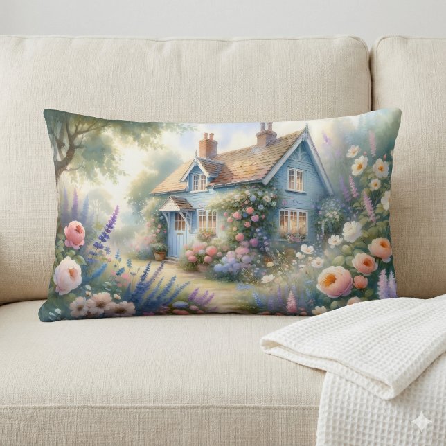 Coussin Rectangle Scène florale de maison bleue de jardin de campagn (Pastel Cottage Garden Blue House Floral Scene Lumbar Pillow On Sofa)