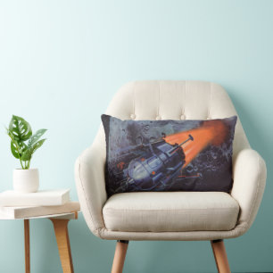 Coussin Rectangle Science-fiction vintage, fusée lunaire décollant