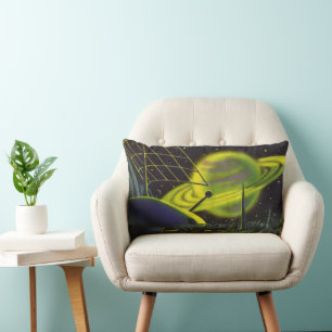 Coussin Rectangle Science-fiction vintage Neon Green Planet w Rings