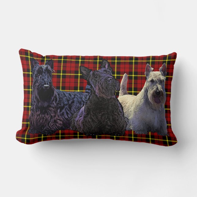 Coussin Rectangle Scottish Terrier noir/roux, plaid rouge profond (Recto)