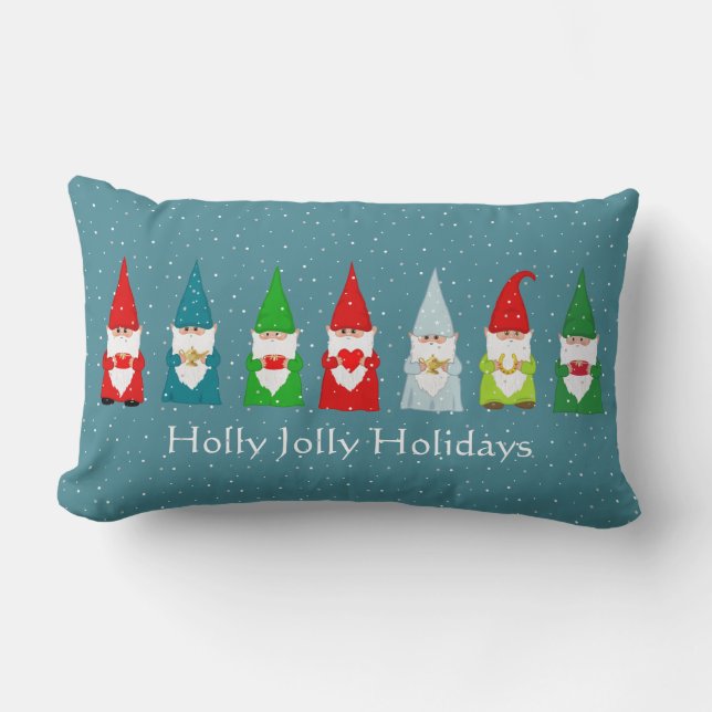 Coussin Rectangle Sept lutins de Noël chanceux sur fond bleu saphir (Recto)