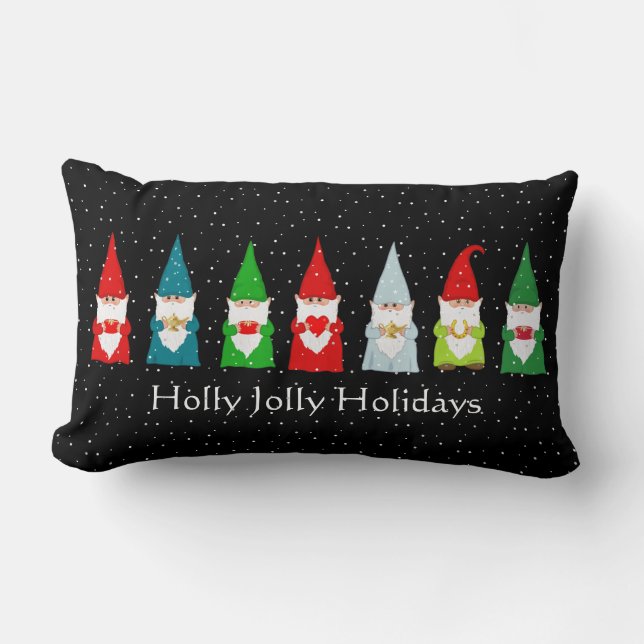 Coussin Rectangle Sept Lutins de Noël Chanceux sur Fond Noir (Recto)