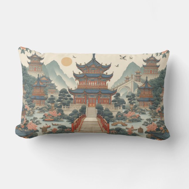 Coussin Rectangle Serene Chinoiserie Pagode Pittoresque inspirée par (Recto)