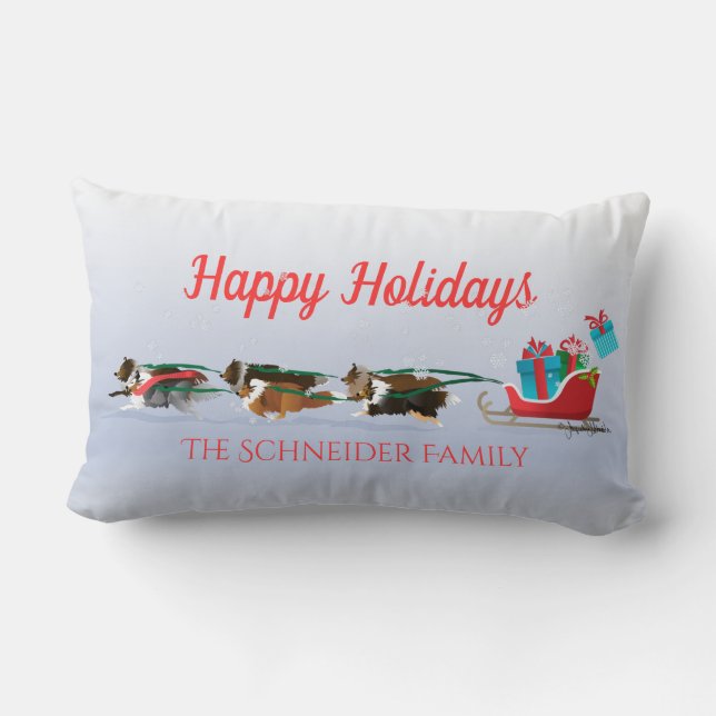 Coussin Rectangle Sheltie Dogs Pulling Sleigh, Snowing Holiday (Verso)