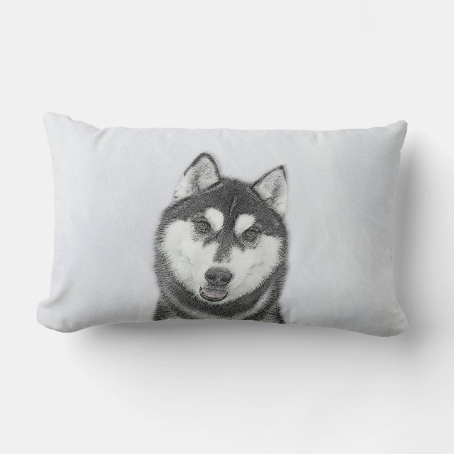 Coussin Rectangle Sibérie Husky (noir et blanc) Peinture Chien Art (Recto)