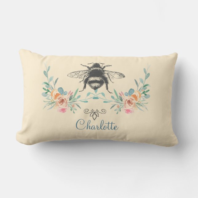 Coussin Rectangle Signature de script Personnalisé Bee Floral (Recto)