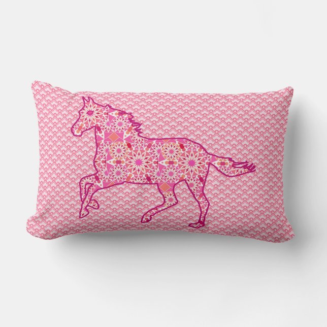 Coussin Rectangle Silhouette de cheval au galop, fuchsia et rose cor (Recto)