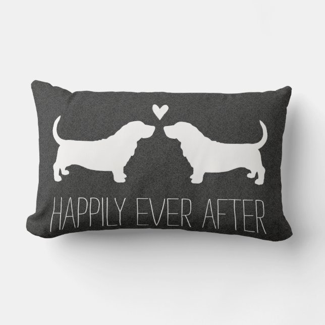 Coussin Rectangle Silhouettes de Basset Hound avec cœur et texte (Recto)
