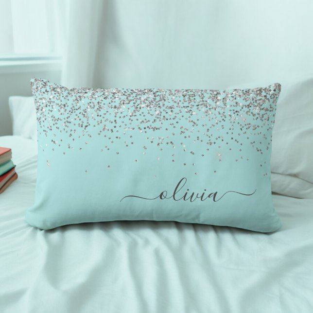 Coussin Rectangle Silver Aqua Turquoise Blue Girl Parties scintillan (Créateur téléchargé)