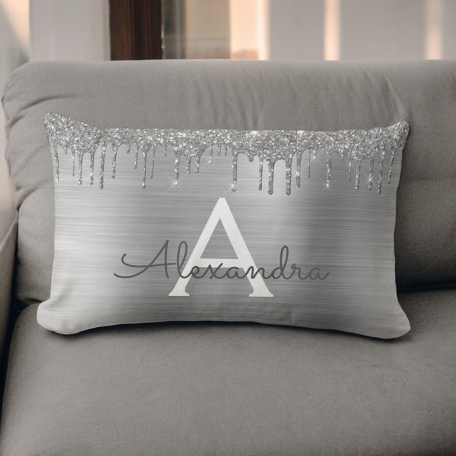 Coussin Rectangle Silver Glitter Brushed metal Monogram (Créateur téléchargé)