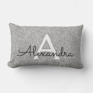 Coussin Rectangle Silver Sparkle Glitter Monogram Name & Initial