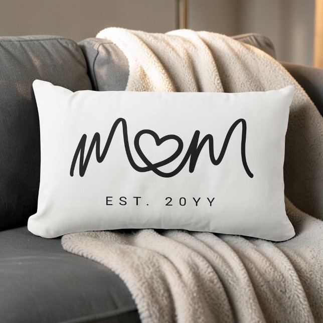 Coussin Rectangle Simple Écriture Noire Cœur Unique Maman Établie (Simple Black Script Heart Unique Mom Established Lumbar Pillow)