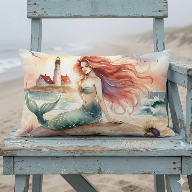 Coussin Rectangle Sirène à l'aquarelle au bord du phare (Watercolor Mermaid by Lighthouse Shore Lumbar Pillow Mockup A)