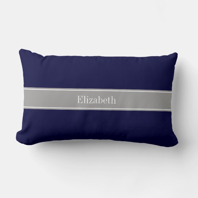 Coussin Rectangle Solid Navy Blue, Dark Gray Ribbon Nom Monogram (Recto)