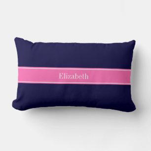 Coussin Rectangle Solid Navy Blue Hot Pink #2 Ribbon Nom Monogram