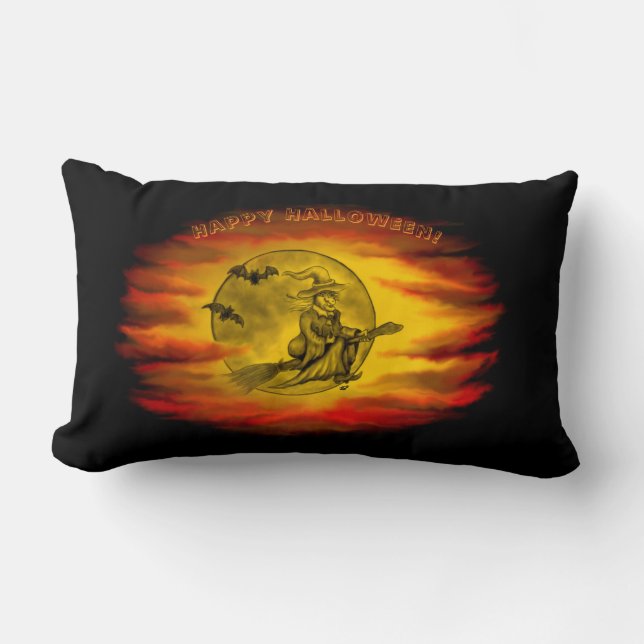 Coussin Rectangle Sorcière volante avec chat noir, nuit halloween (Recto)