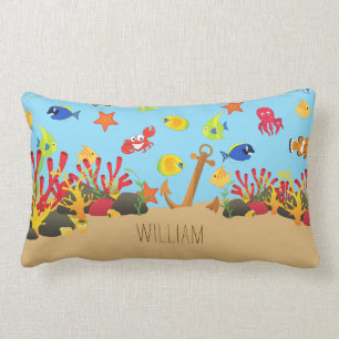 Coussin Rectangle Sous l'océan marin Poisson et Ancre Nom de l'enfan