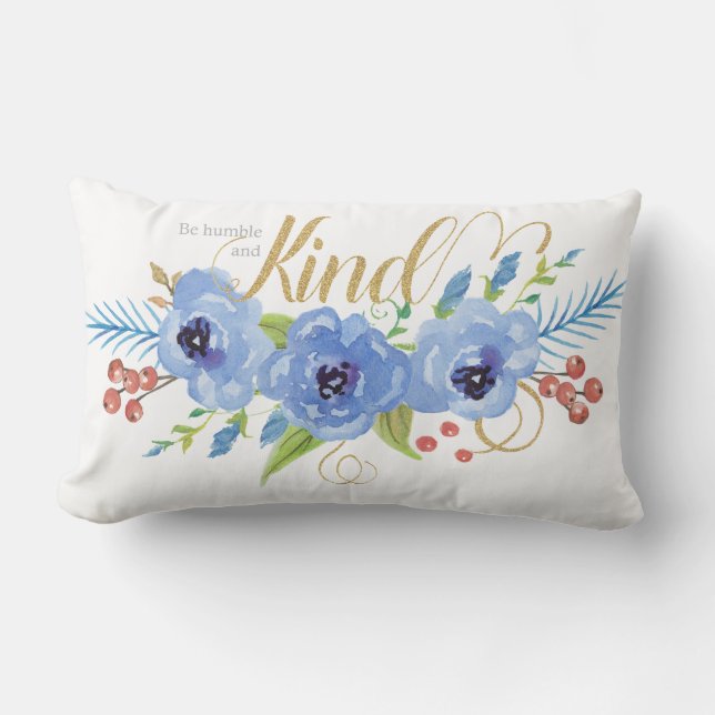 Coussin Rectangle Soyez humble et des fleurs d'aquarelle bleu (Recto)