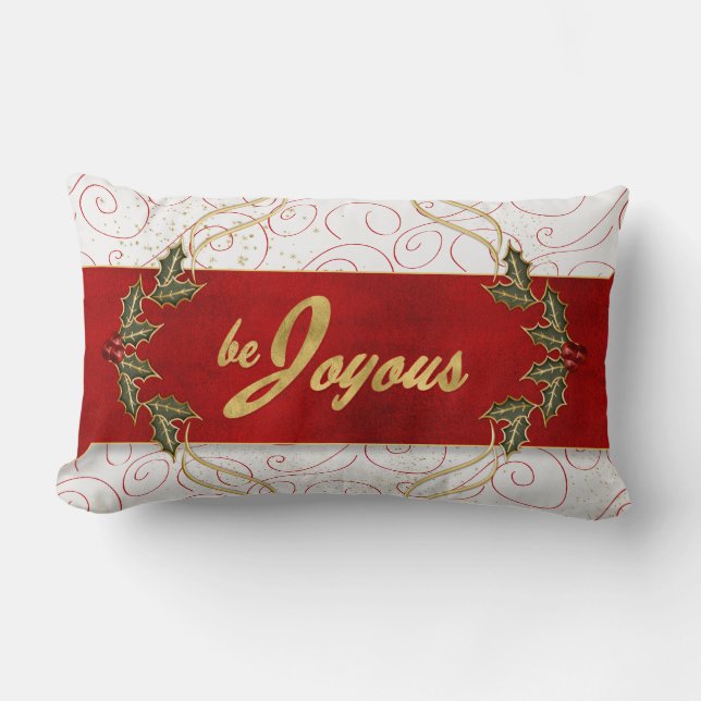 Coussin Rectangle Soyez joyeux Be Jolly Red Ribbon et Holly (Recto)