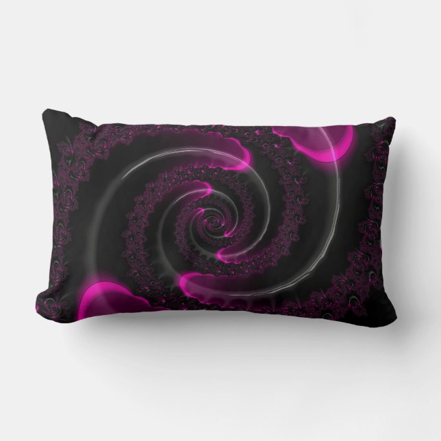 Coussin Rectangle Spirale fractale de néon noir et rose (Recto)