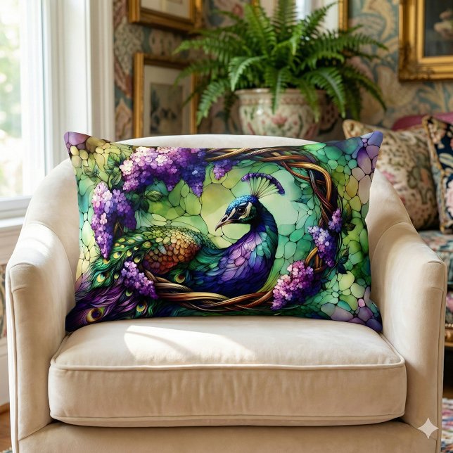 Coussin Rectangle Stained Glass Peacock Floral Wreath Art (Stained Glass Peacock Floral Wreath Art Lumbar Pillow Mockup A)