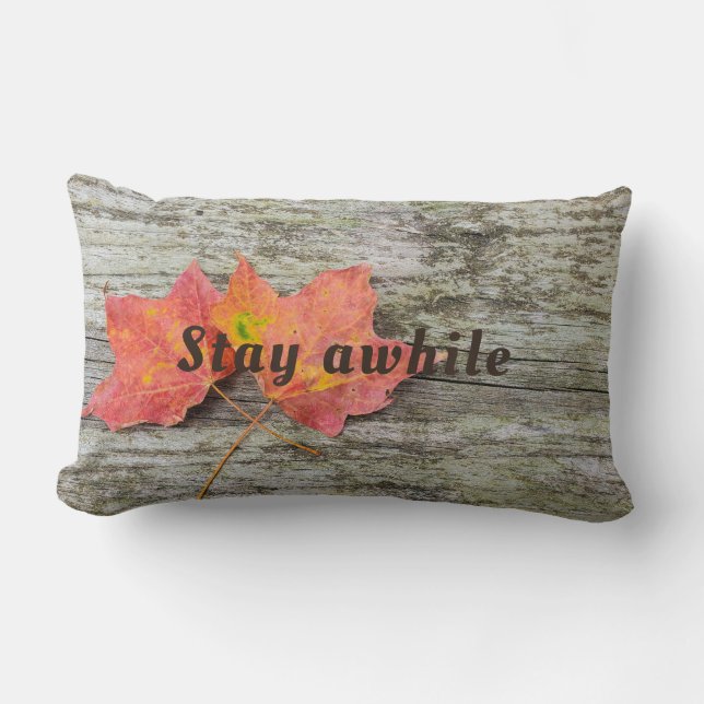 Coussin Rectangle Stay Awhile citation avec feuilles d'automne (Recto)